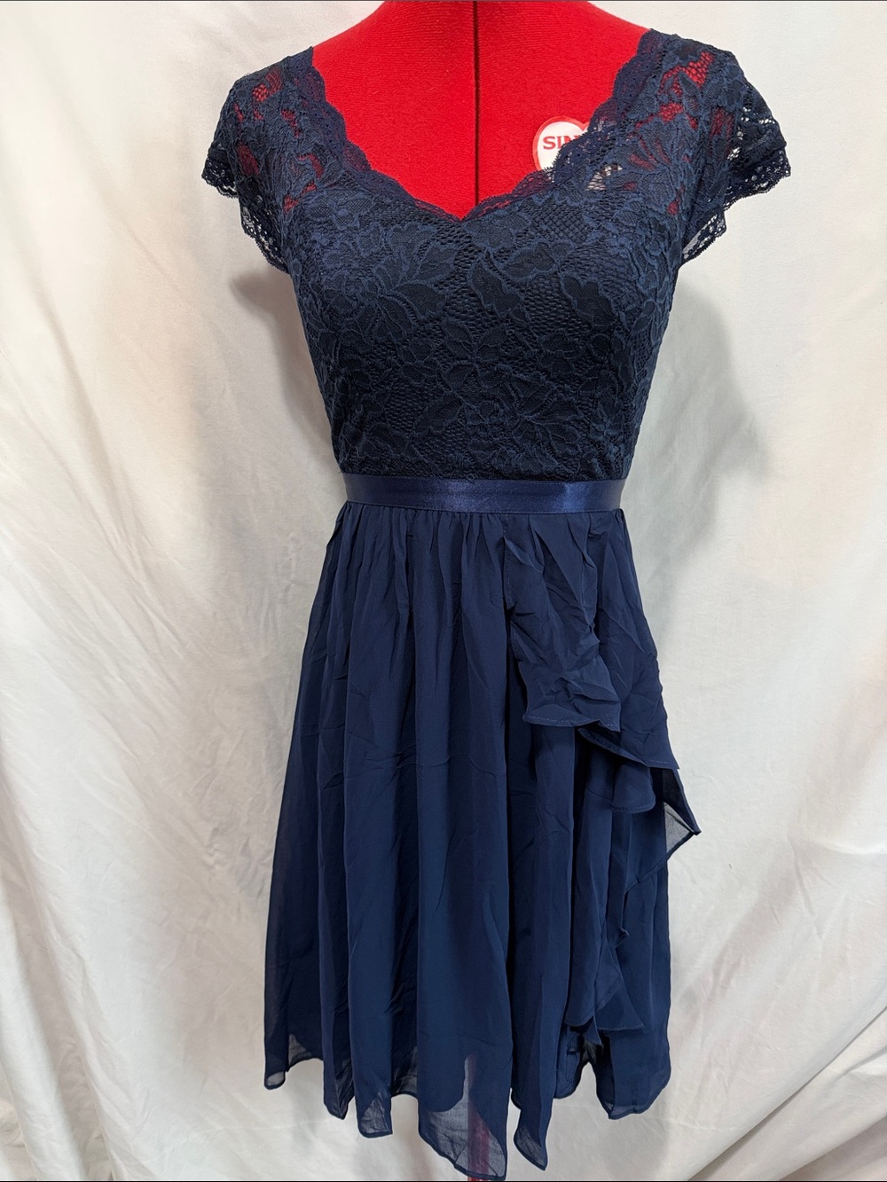 Navy Lace Bodice Chiffon Midi Dress
